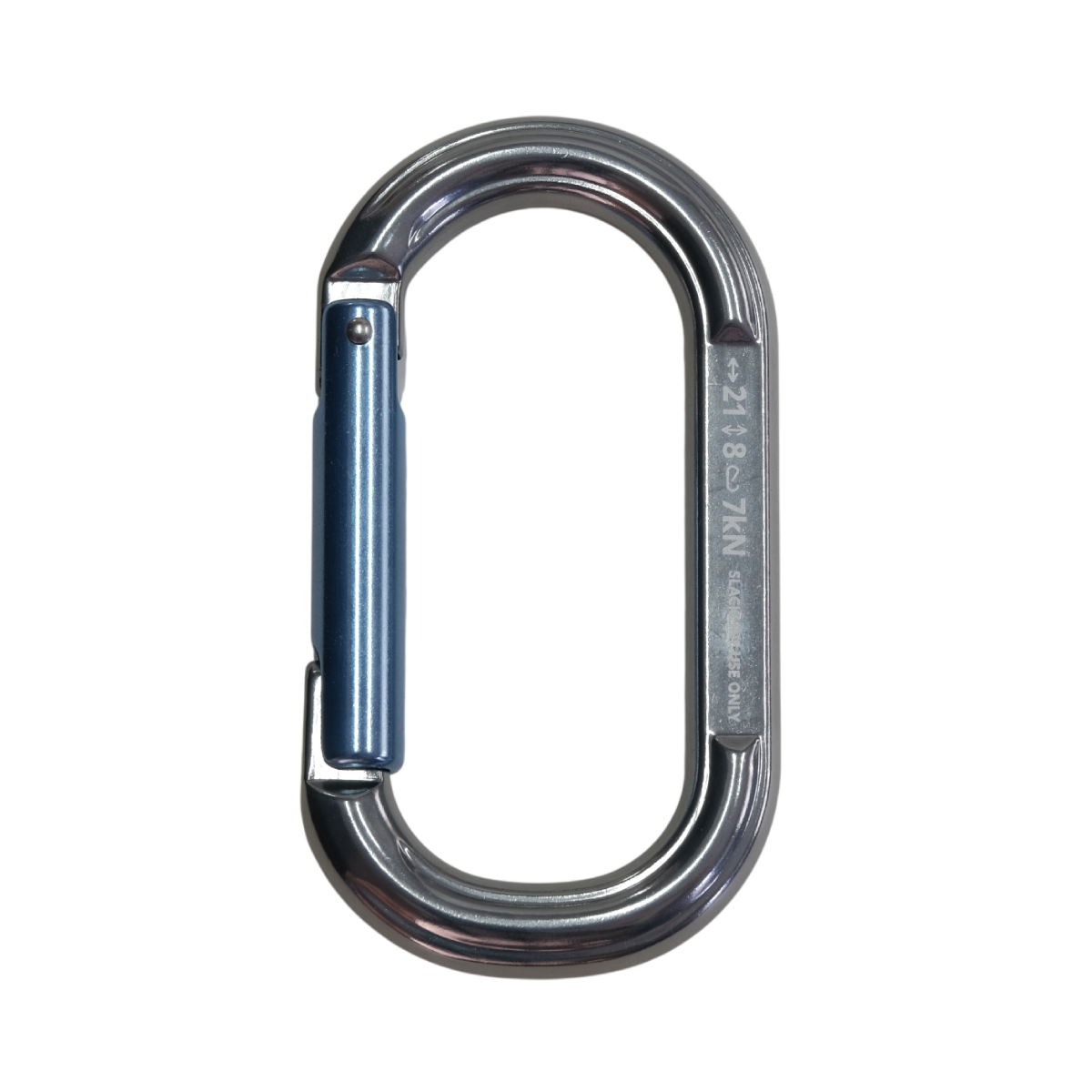 BC Aluminum Carabiner（BCアルミカラビナ）裏面。シルバーのオーバル型ボディとブルーのストレートゲート