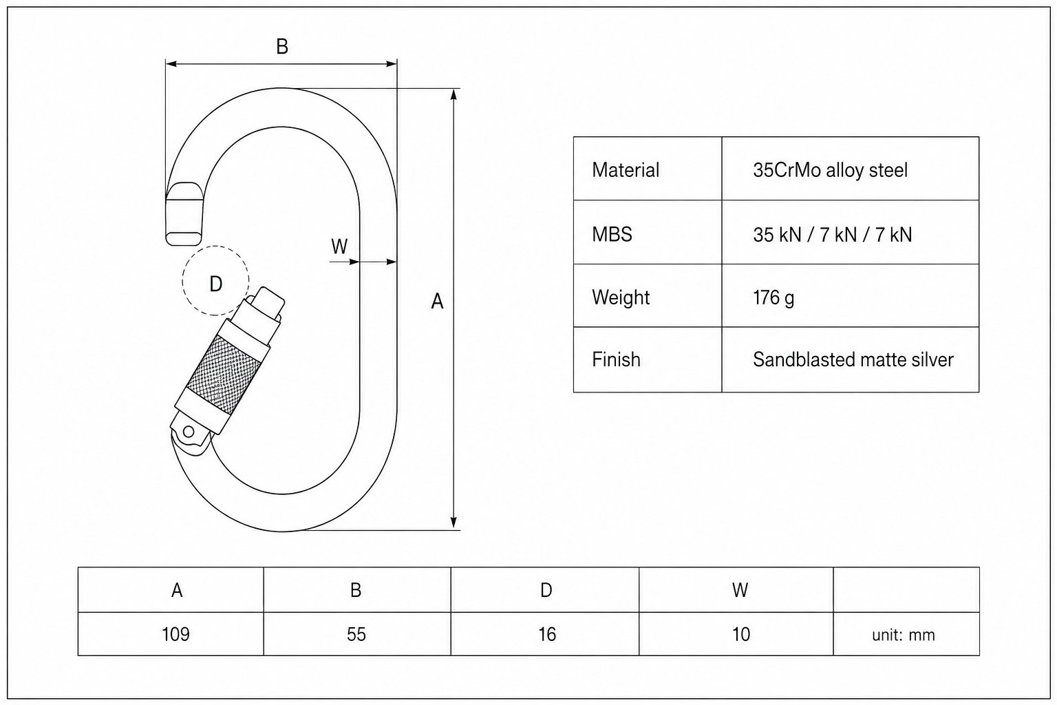 FERRO スチールカラビナの寸法図 全長109mm×幅55mm ゲートオープン16mm 線径10mm MBS 35kN 重量176g