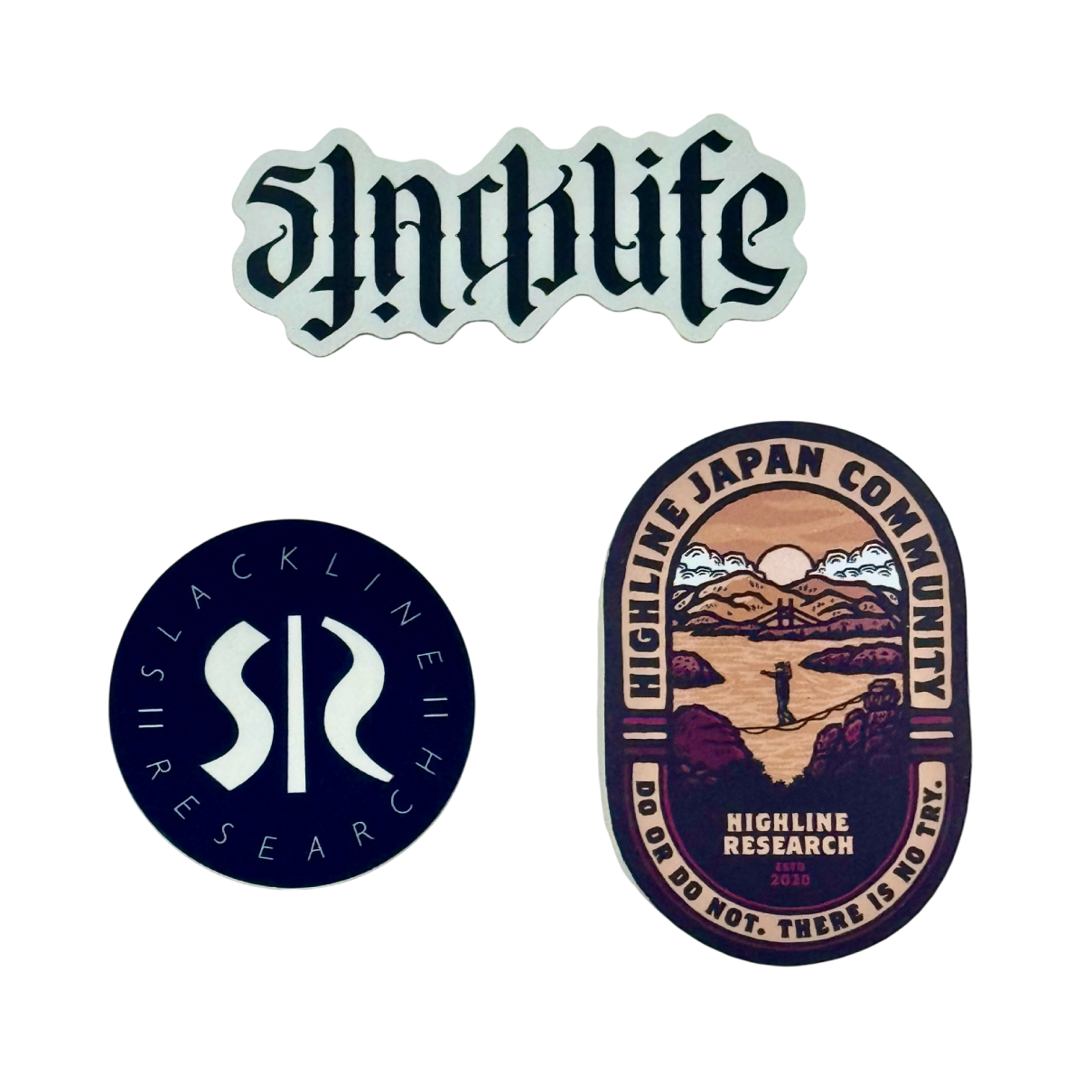 Slackline Research ステッカー3枚セット SLACKLIFEアンビグラム・SRロゴ・Highline Japan Community
